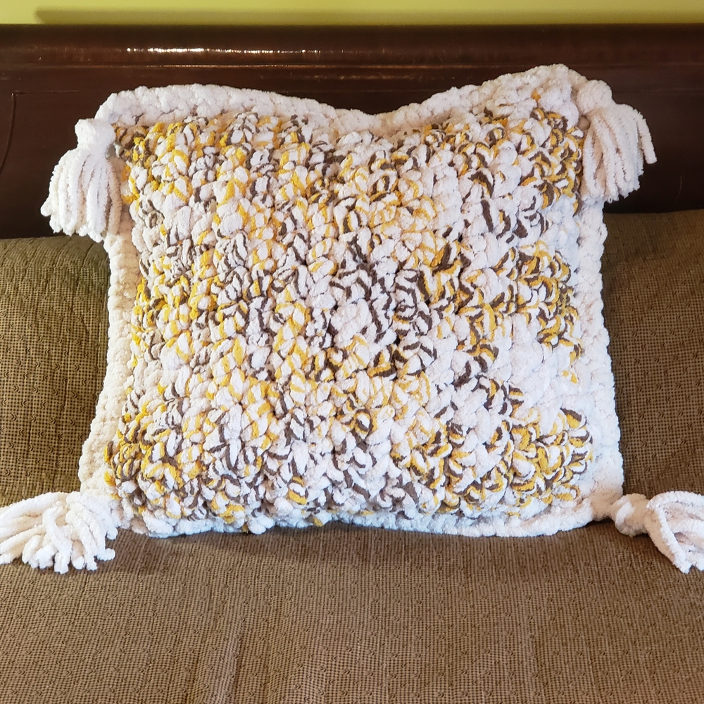 Large Cozy Chunky Handcrafted Accent Pillow - White, Yellow And Brown